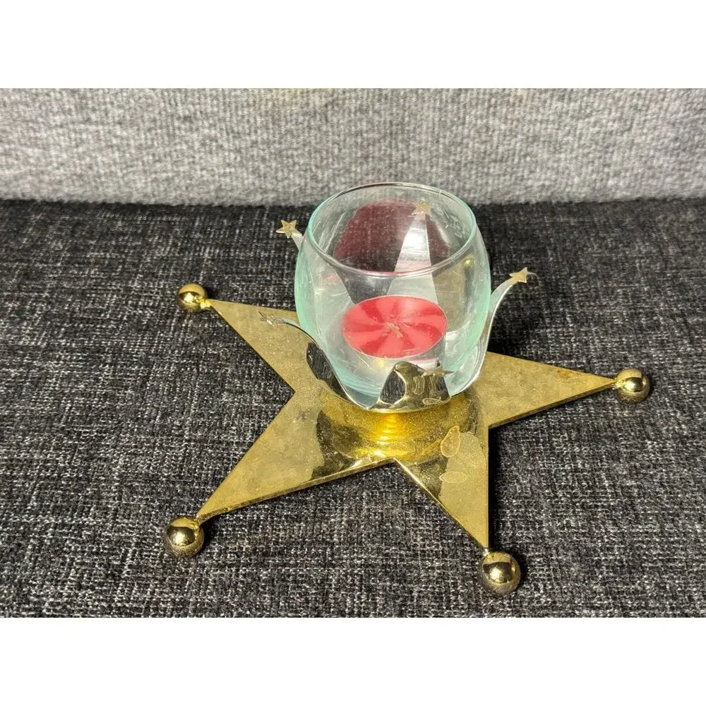 Vintage Dept. 56 Silver & Gold Tone Star Candle Holder With Votive Cup